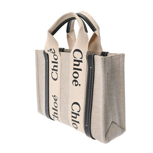 Chloe Canvas Leather Beige Woody Blue Tote Bag Navy Handbag